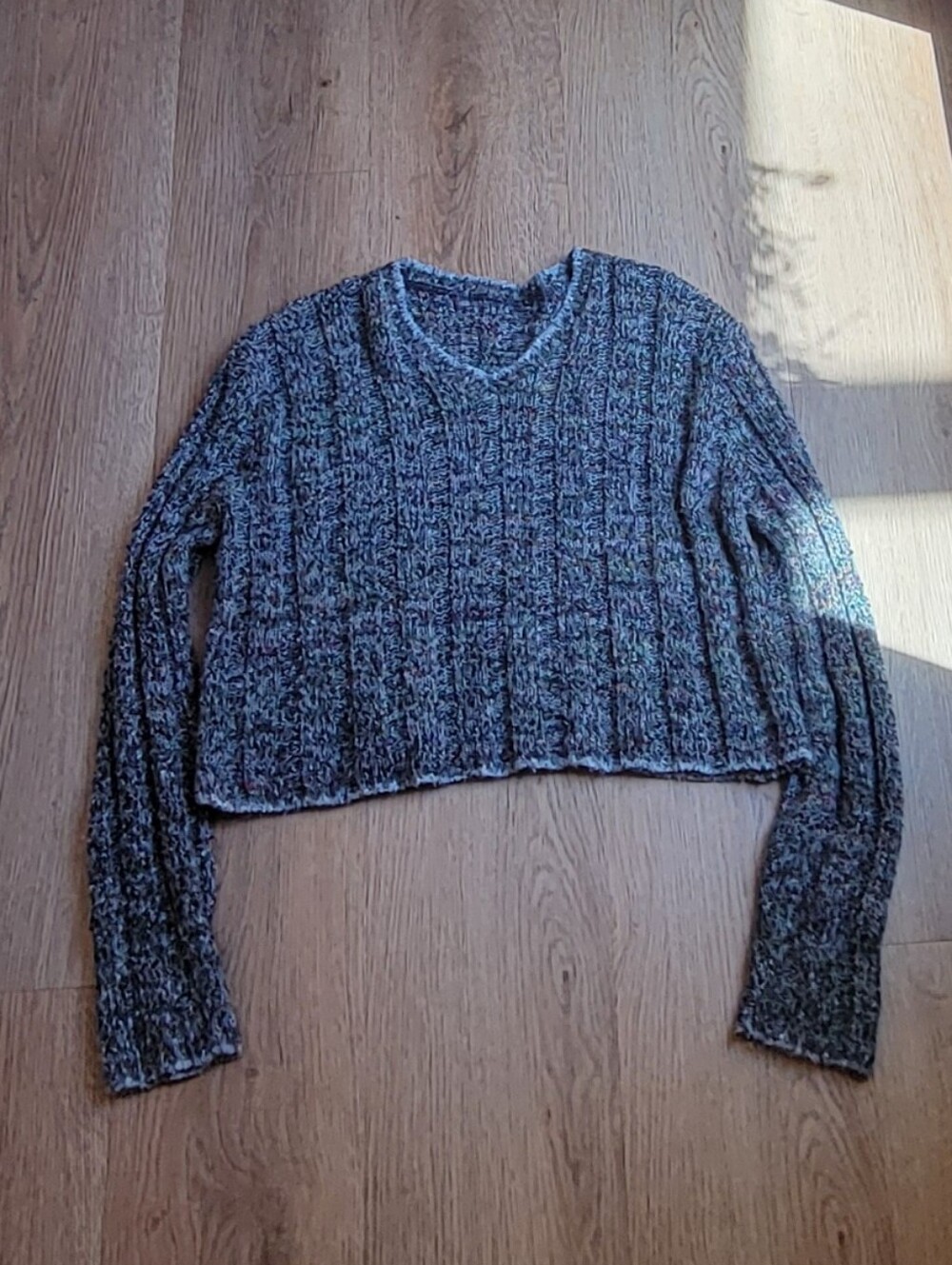 Y2K Grey Chunky Knit Flecked Cropped V-neck Sweater - XS/S